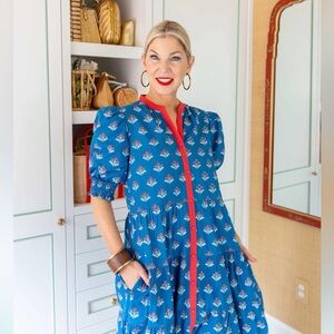 Printfresh x Pencil & Paper Co. Popover Dress Blue Floral Printed Size Small NWT